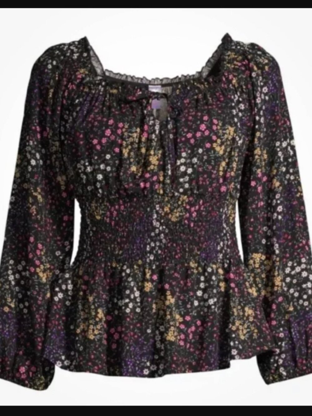 No Boundaries 100% Rayon Black Floral Rouched Waist Peasant Blouse Top women XXL - Picture 5 of 17